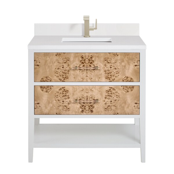 James Martin Vanities 36'' Sgl Vanity, Light Mappa Burl and Polished Wht W/ Sgl Hole 3CM Wht Zeus Quartz Top & Backsplash D804-V36-LMB-1WZ - main